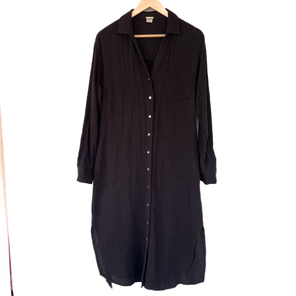 Magaschoni Black Organic Cotton Gauze Long Sleeve Shirt Dress
